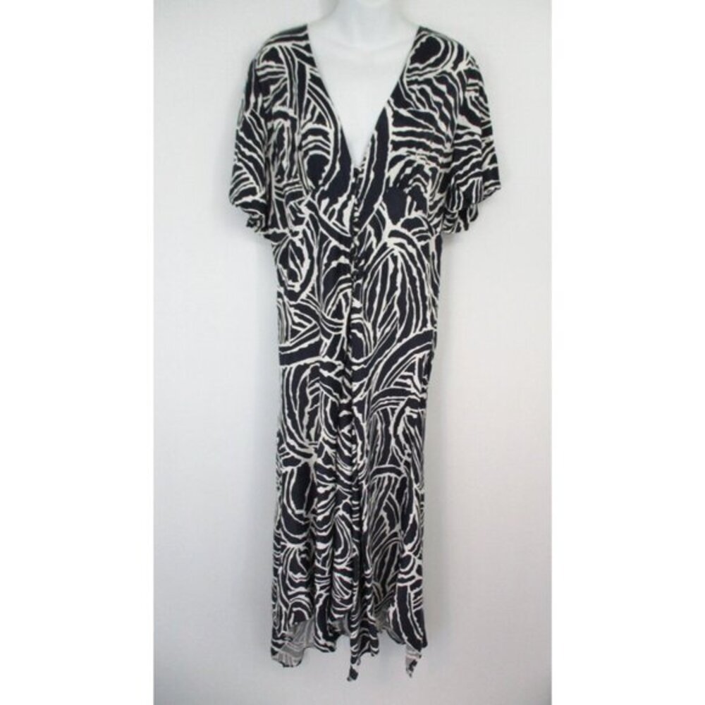 Anthropologie Short Sleeve Button Front Midi Dress Womens 12P Navy Blue/White